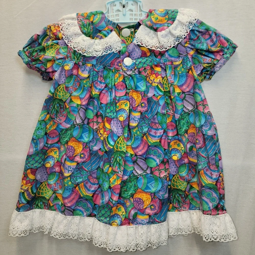 90s Easter Dress With Lace Collar Easter Eggs‎ Colorful Ruffles READ
